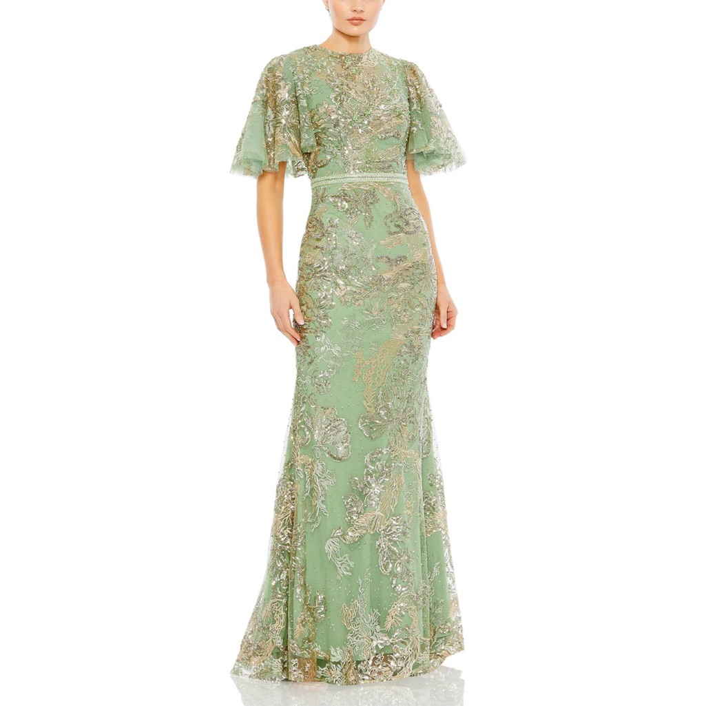 Mac Duggal Sage Green Embellished Flutter Sleeve High Neck Evening Gown- Reemoly